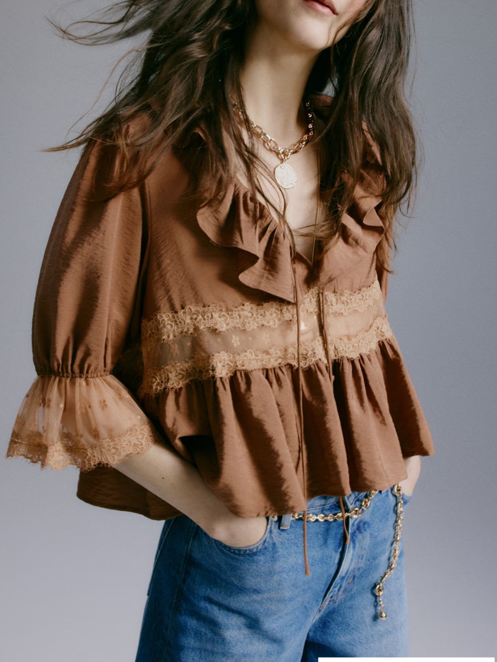 H&M Brown Ruffle Lace Peasant Blouse